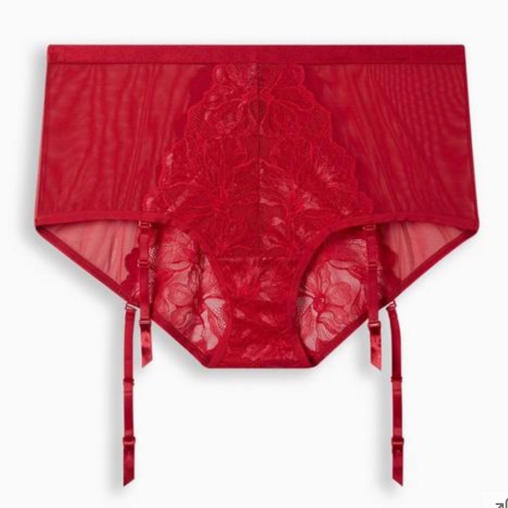 TORRID Shimmer Lace Mid Rise Brief Removable Garter Panty:JESTER RED:NWT: SZ 5